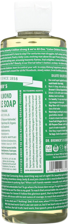 Dr. Bronner's almond soap in shower showing lather on skin and warm scent benefit