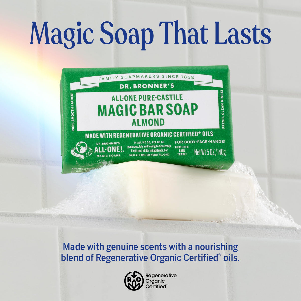 Dr. Bronner's almond bar rich lather closeup demonstrating creamy foam benefit