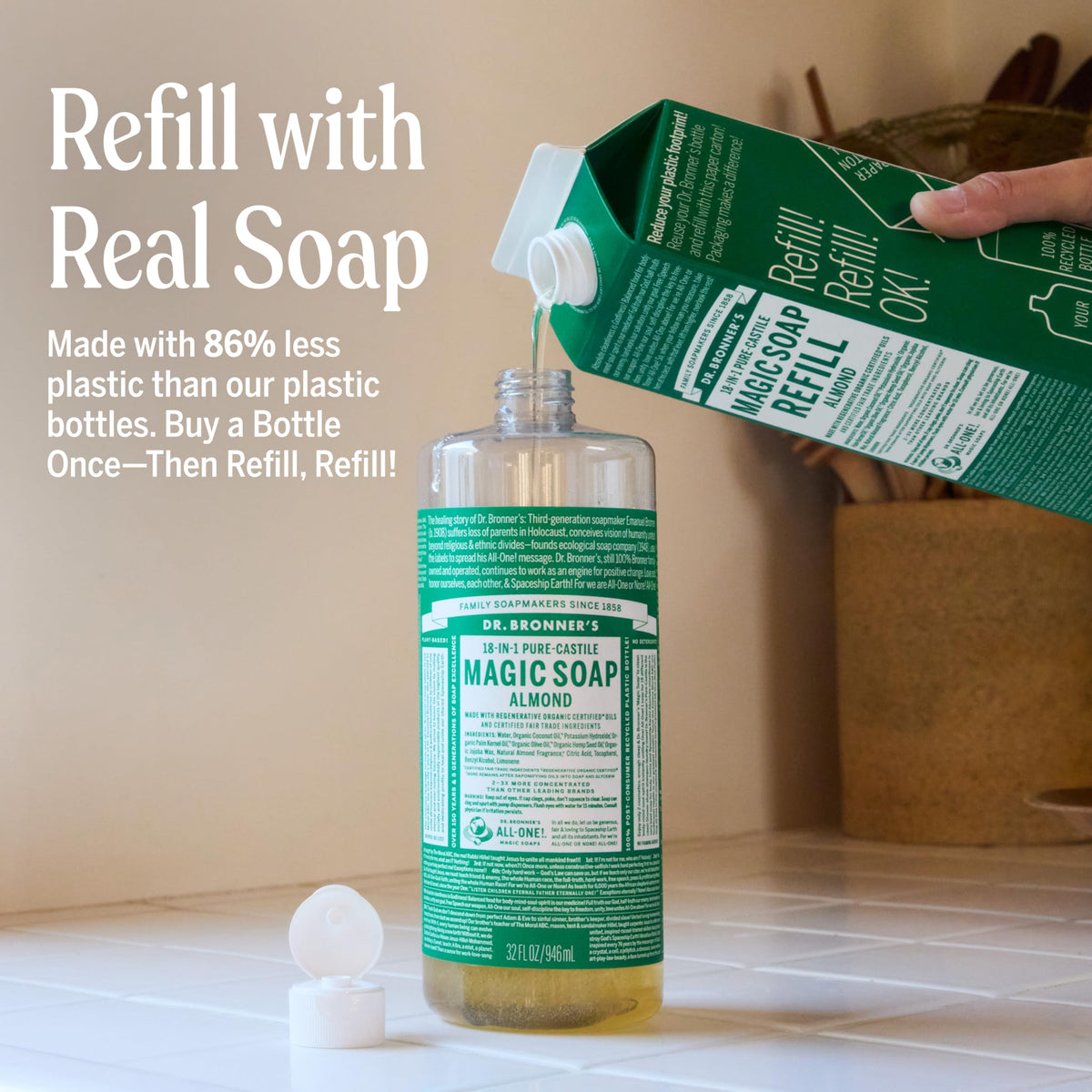 Dr. Bronner's almond being poured creating rich lather, quick effective cleaning