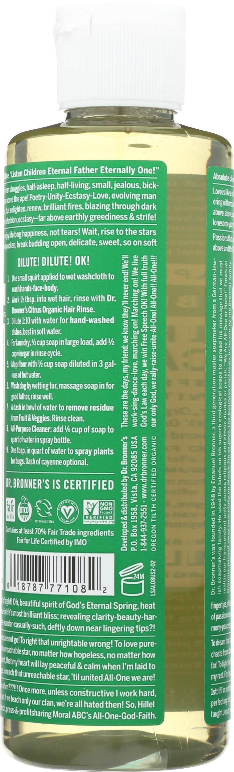Dr. Bronner's almond soap being poured to show thin texture and concentrated formula benefit