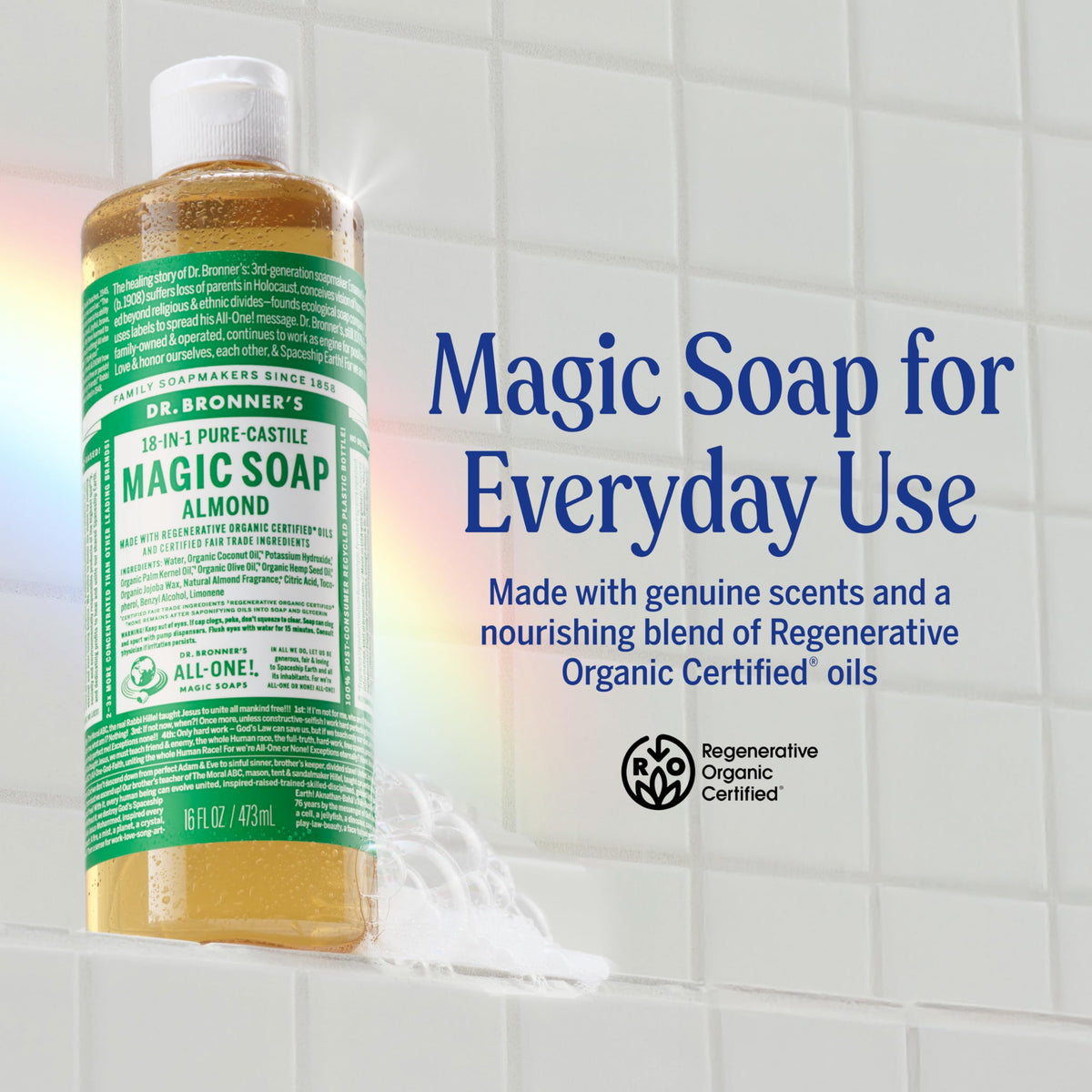 Dr. Bronner's almond pump closeup highlighting easy dispensing and concentrated value