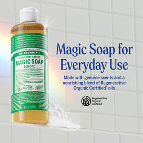 Dr. Bronner's almond pump closeup highlighting easy dispensing and concentrated value