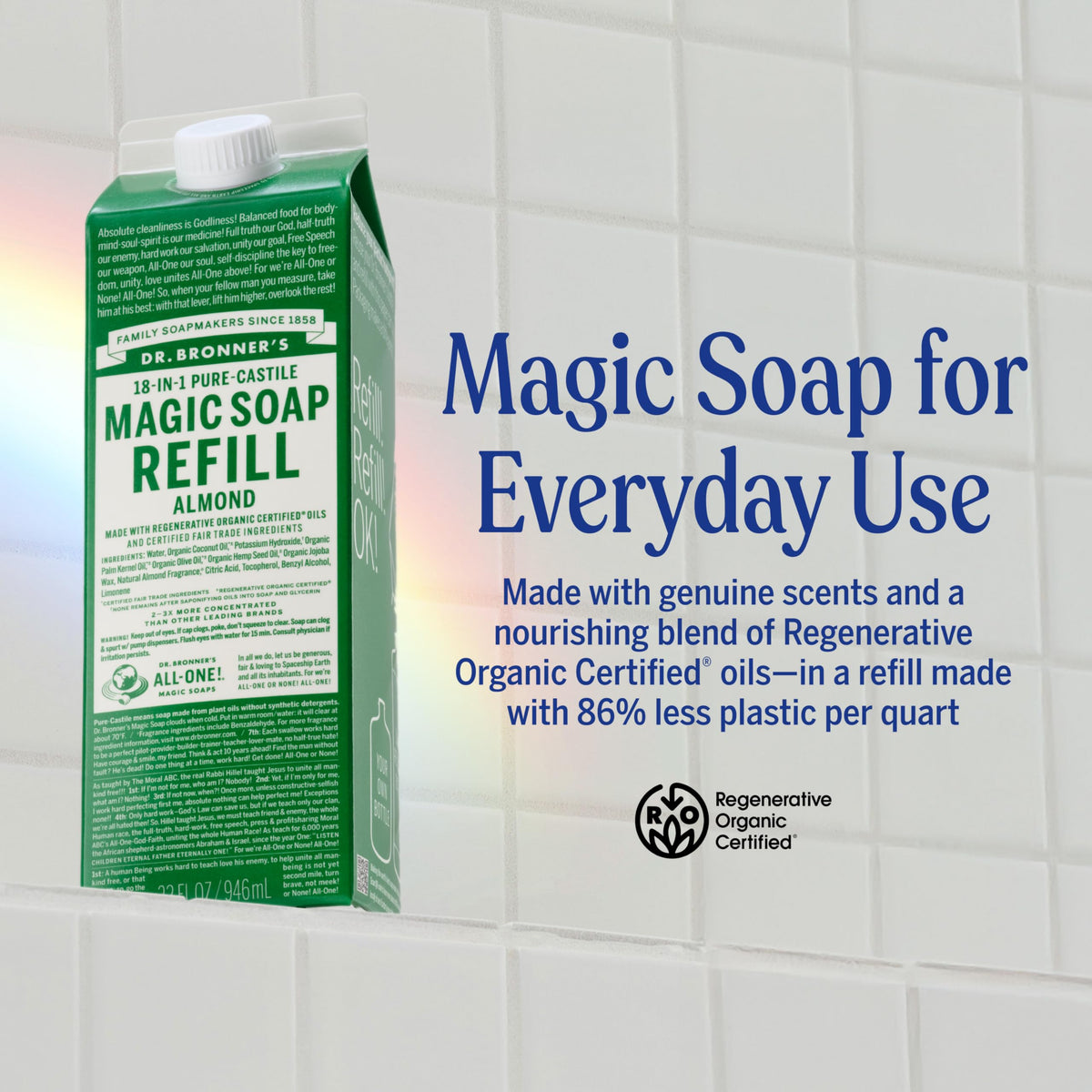 Dr. Bronner's almond refill carton detail highlighting eco-friendly materials