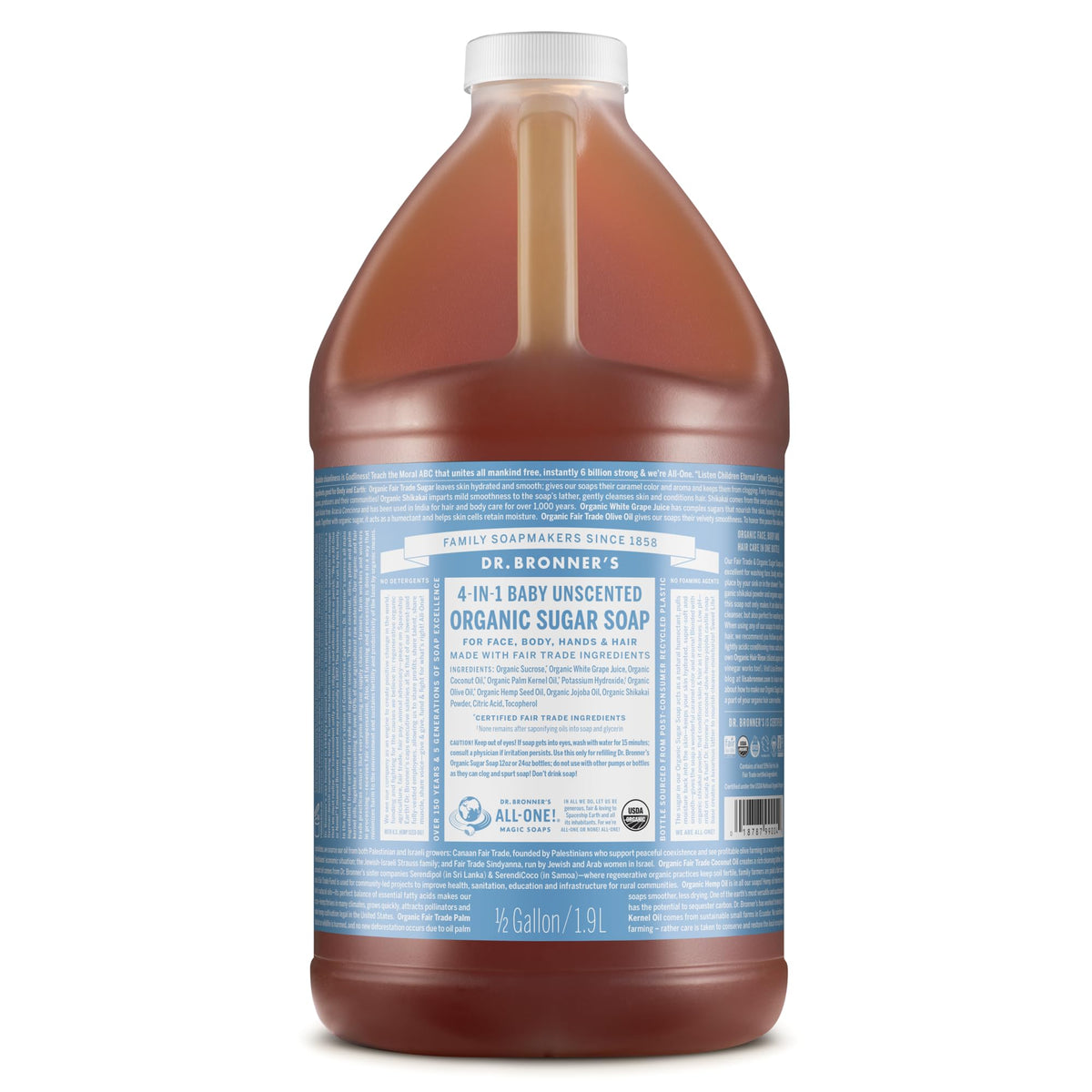 Dr. Bronner's front bottle view showing unscented 64 oz for family use