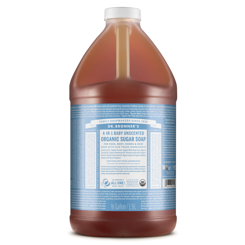 Dr. Bronner's front bottle view showing unscented 64 oz for family use