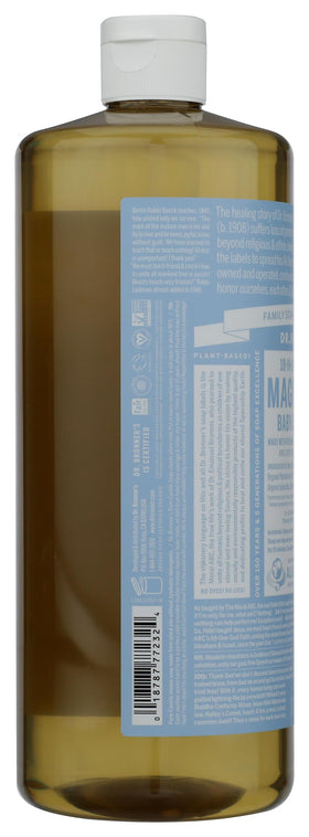 Dr. Bronner's bottle staged by baby bath items showing versatile use