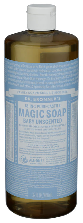 Dr. Bronner's front label showing unscented baby soap benefits