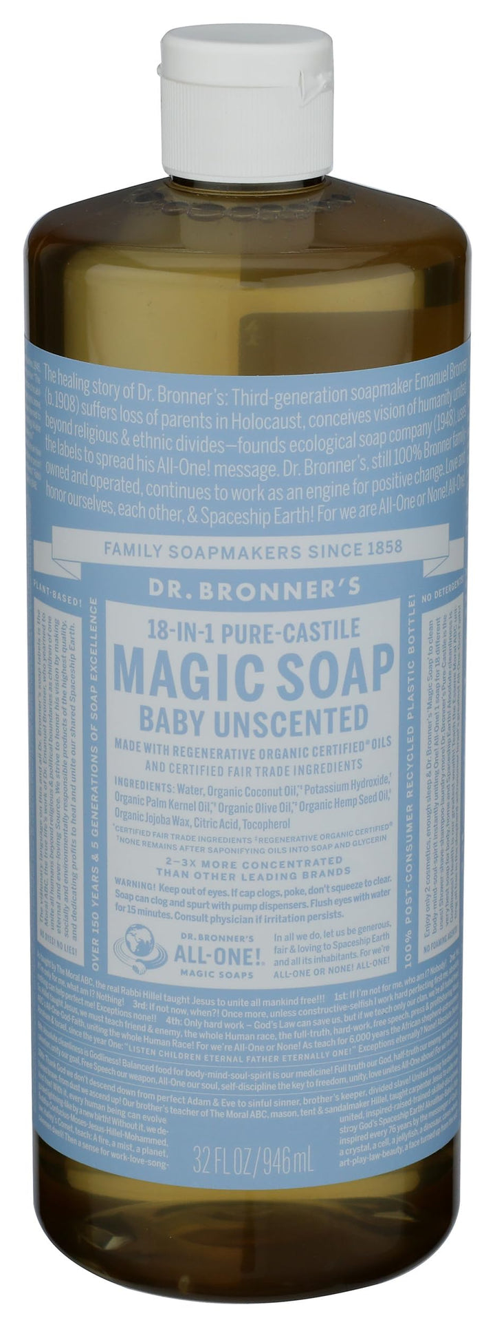 Dr. Bronner's front label showing unscented baby soap benefits