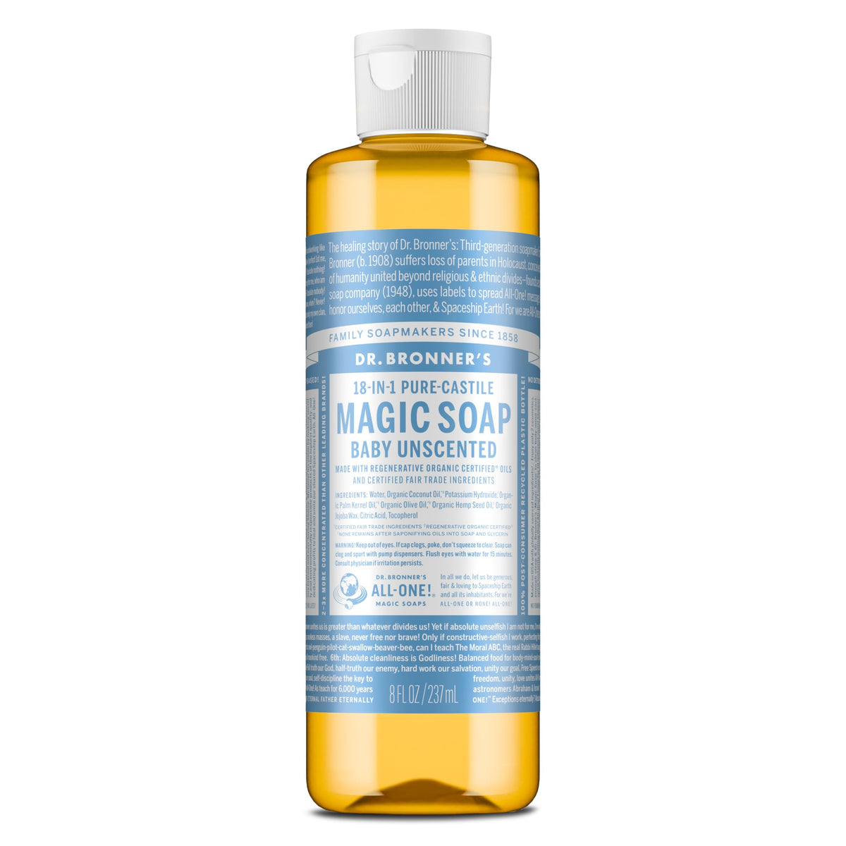 Dr. Bronner's baby unscented front label shows clean packaging and product benefits