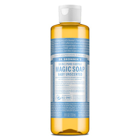 Dr. Bronner's baby unscented front label shows clean packaging and product benefits