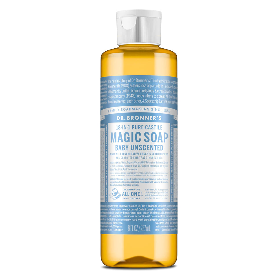 Dr. Bronner's baby unscented front label shows clean packaging and product benefits