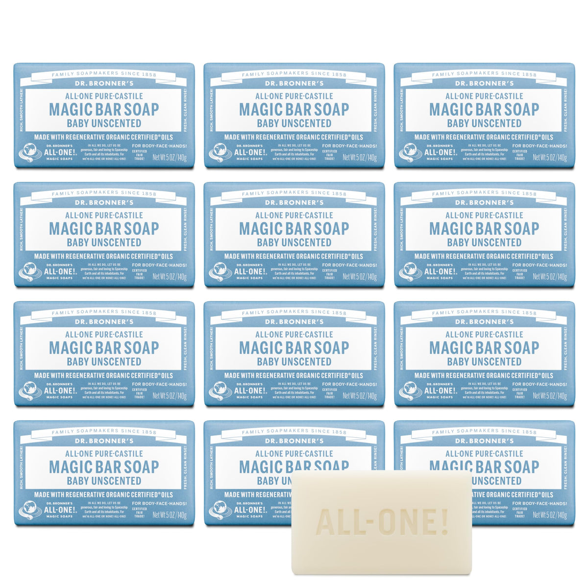 Dr. Bronner's front packaging showing unscented bar and benefits