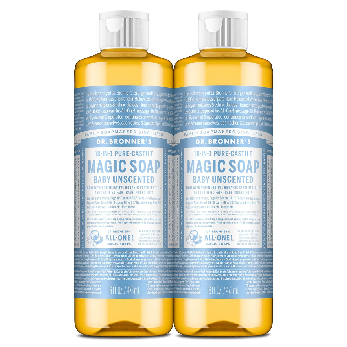 Dr. Bronner's bottle front packaging showing unscented baby soap benefit