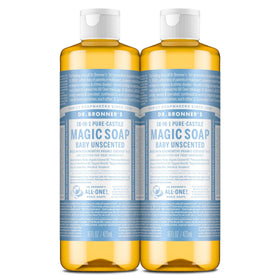 Dr. Bronner's bottle front packaging showing unscented baby soap benefit