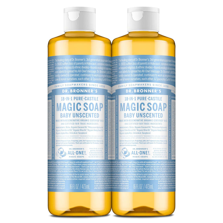 Dr. Bronner's bottle front packaging showing unscented baby soap benefit