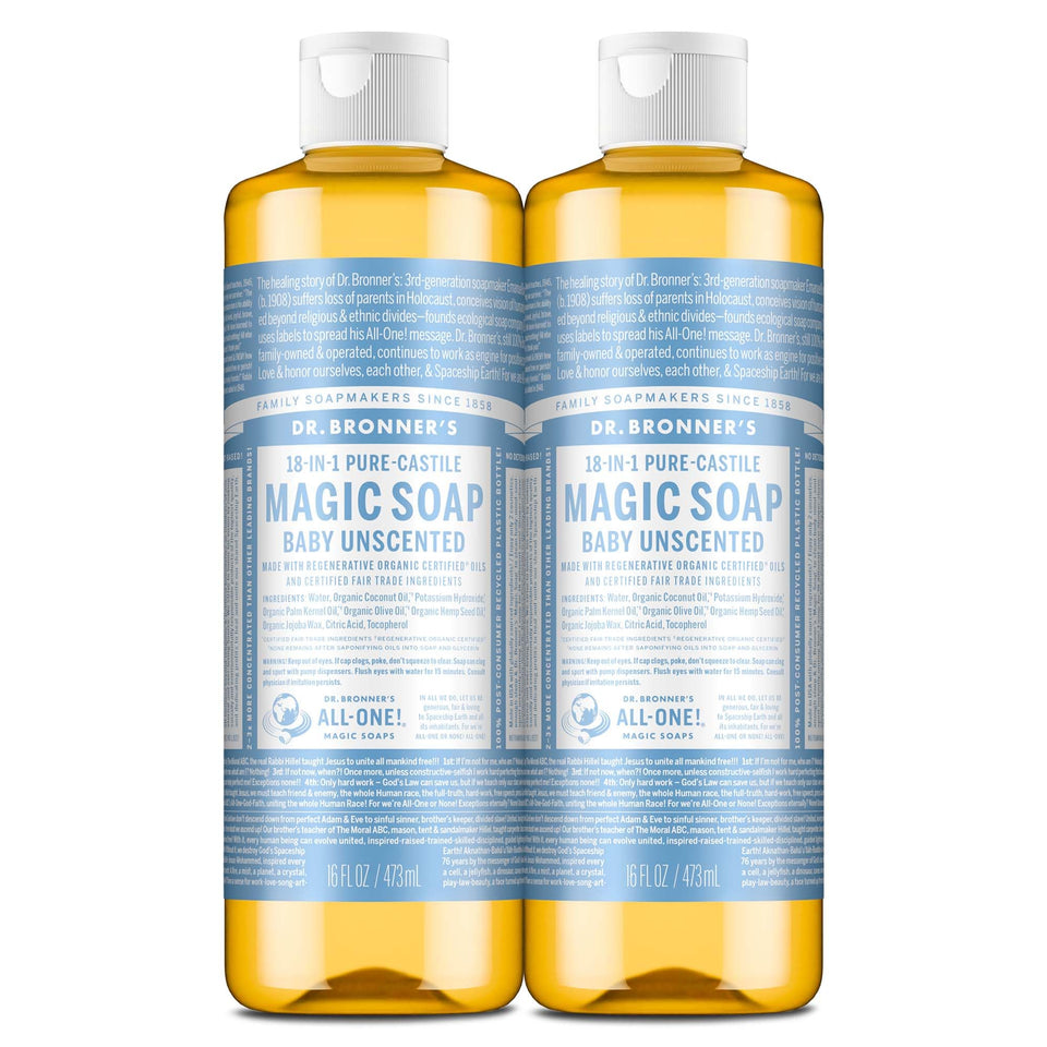 Dr. Bronner's bottle front packaging showing unscented baby soap benefit