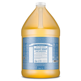 Dr. Bronner's baby unscented gallon front view showing product and benefit