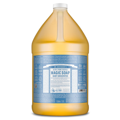 Dr. Bronner's baby unscented gallon front view showing product and benefit