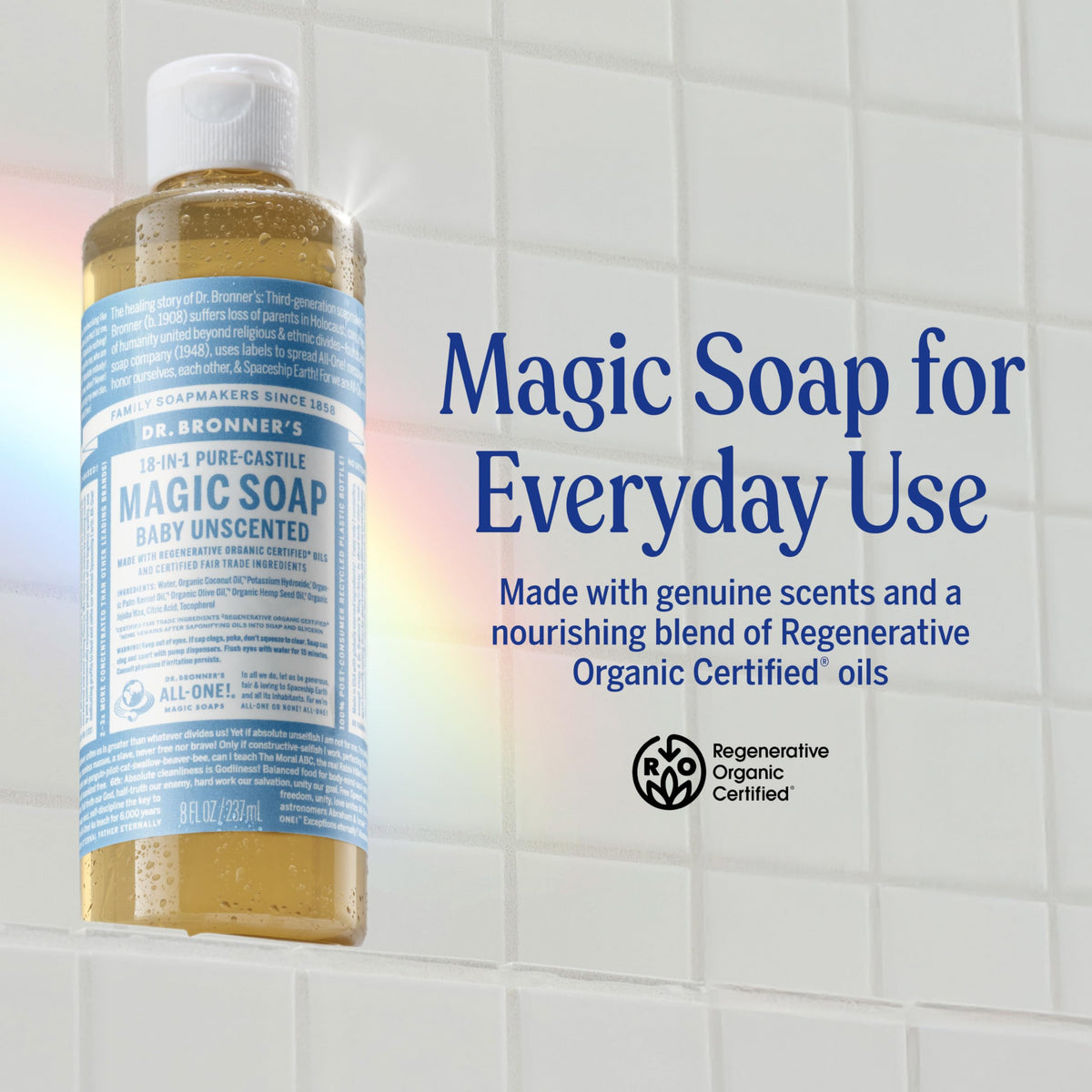 Dr. Bronner's bottle pump dispensing soap for easy, measured use