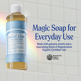 Dr. Bronner's bottle pump dispensing soap for easy, measured use