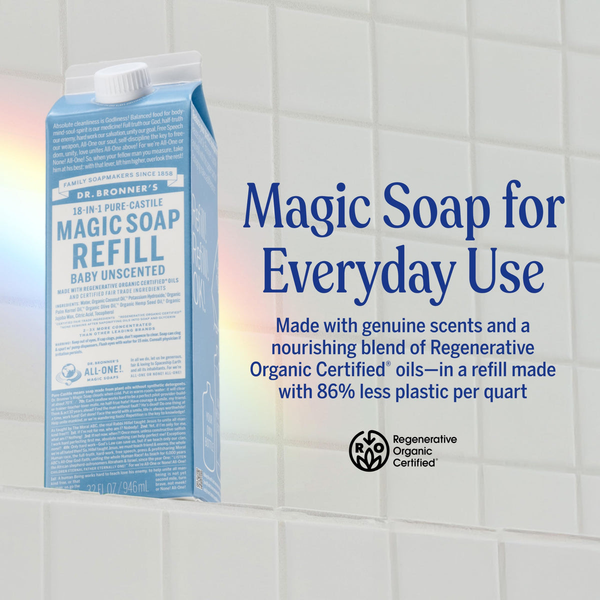 Dr. Bronner's back label listing ingredients and regenerative sourcing benefits