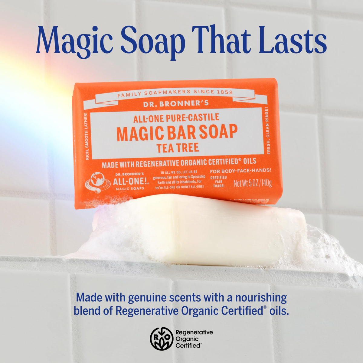 Dr. Bronner's bar close-up texture showing creamy lather and gentle cleanse