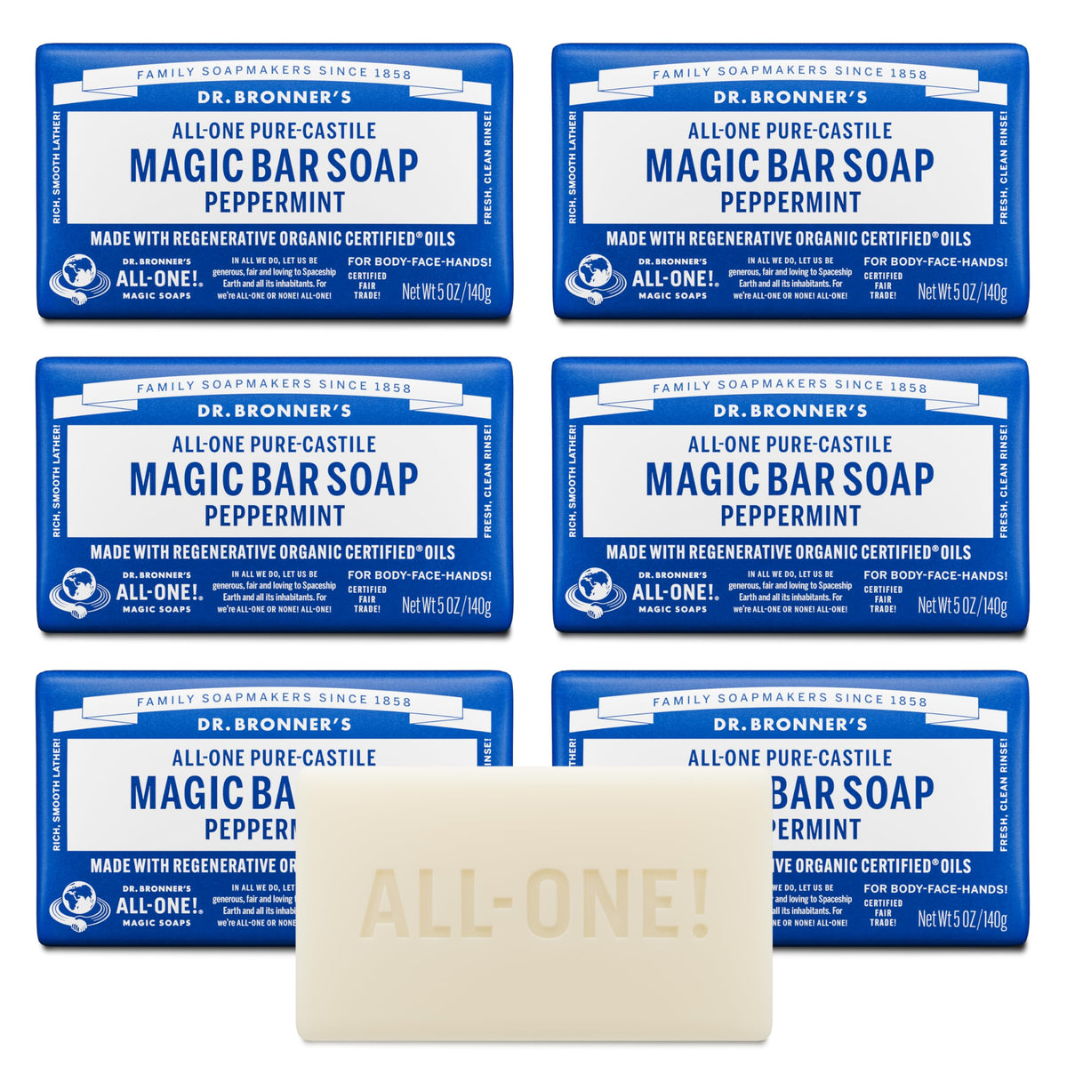 Dr. Bronner's bar front view showing peppermint label and benefits