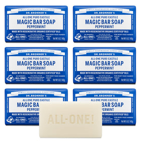 Dr. Bronner's bar front view showing peppermint label and benefits