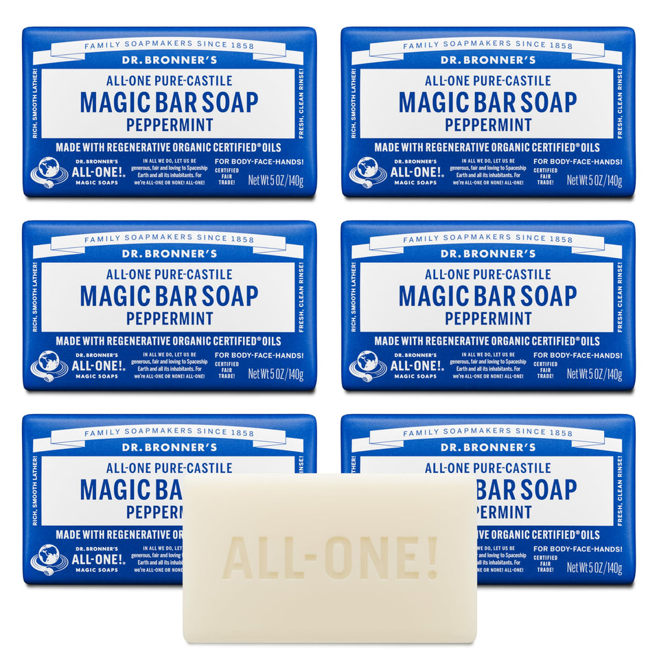 Dr. Bronner's bar front view showing peppermint label and benefits