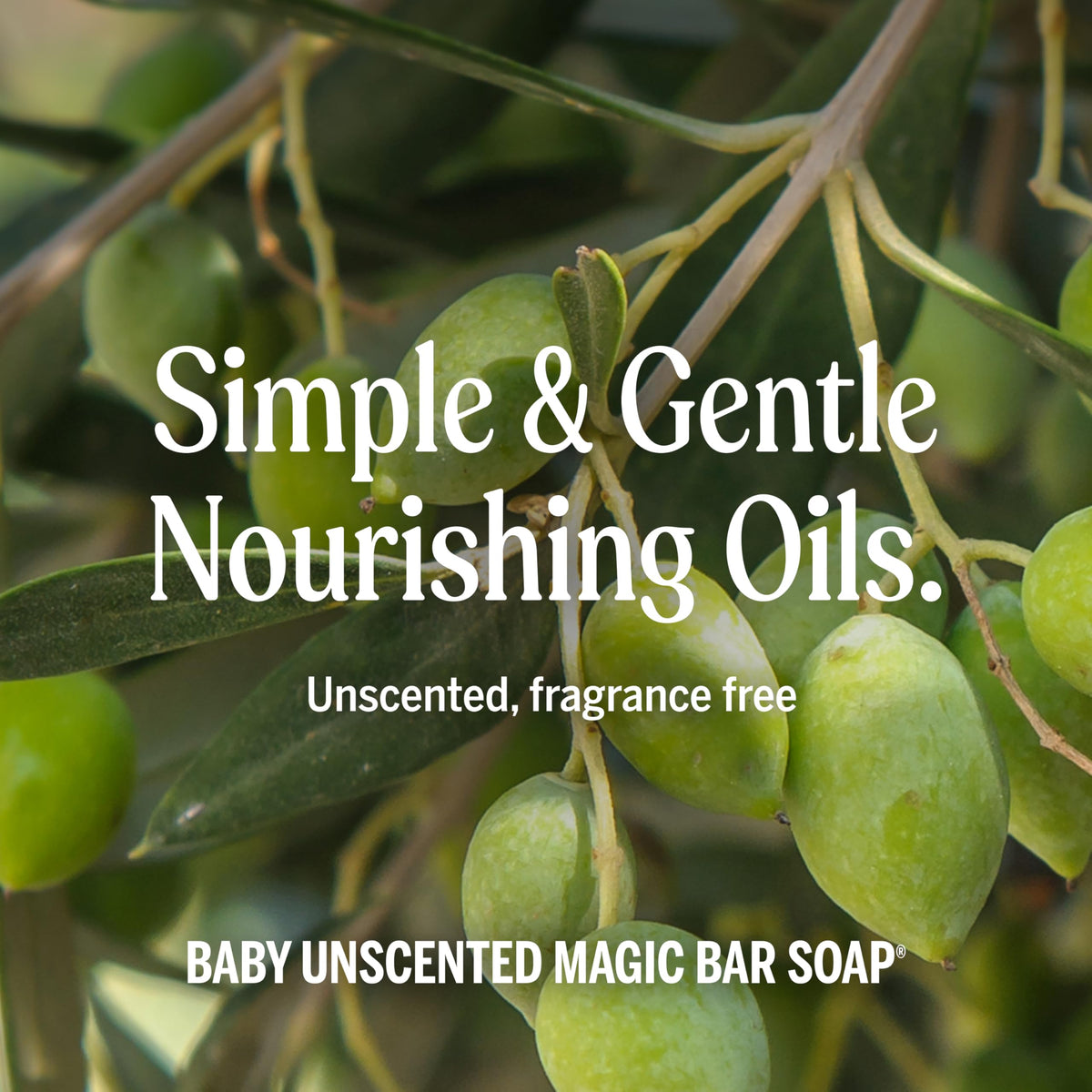 Dr. Bronner's bar beside baby items indicating gentle baby care