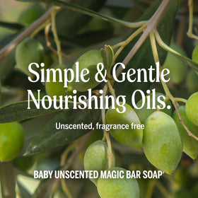 Dr. Bronner's bar beside baby items indicating gentle baby care
