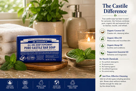 Dr. Bronner's in bathroom setting illustrating refreshing peppermint boost after shower