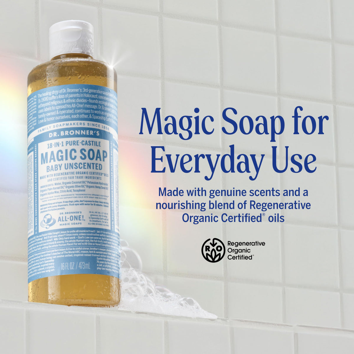 Dr. Bronner's label close-up highlighting organic and fair trade ingredients