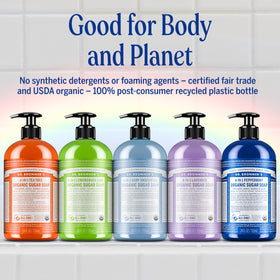 Dr. Bronner's bottle made from recycled plastic emphasizing eco benefit