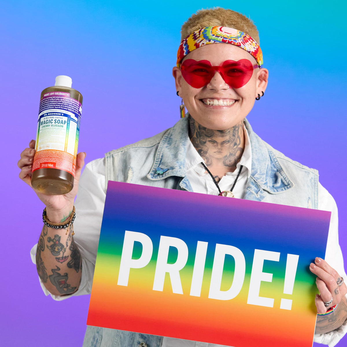 Dr. Bronner's bottle with recycled plastic badge emphasizing eco packaging