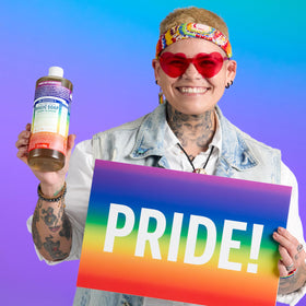 Dr. Bronner's bottle with recycled plastic badge emphasizing eco packaging
