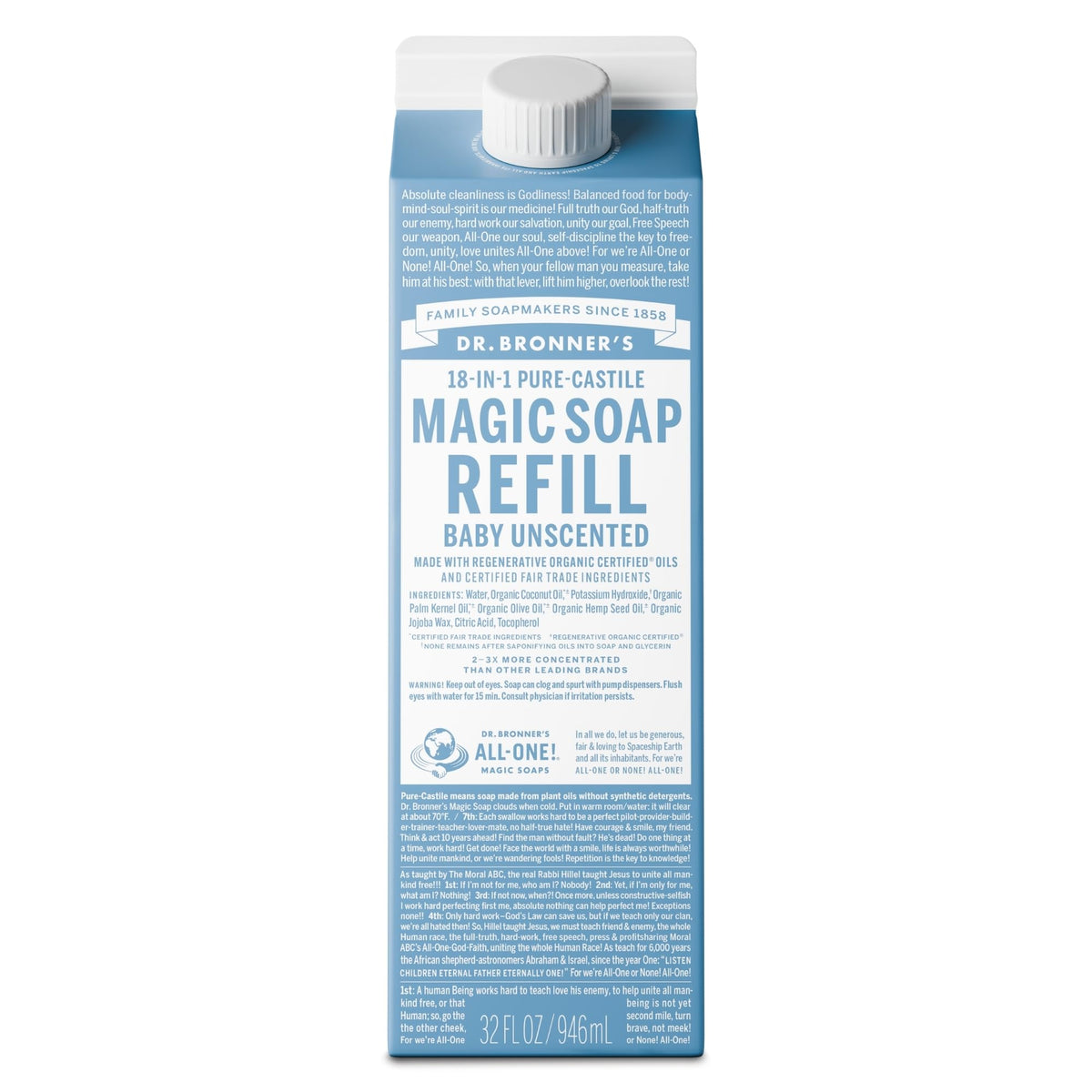Dr. Bronner's carton front label showing product name and refill benefit