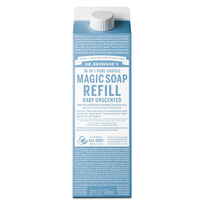 Dr. Bronner's carton front label showing product name and refill benefit