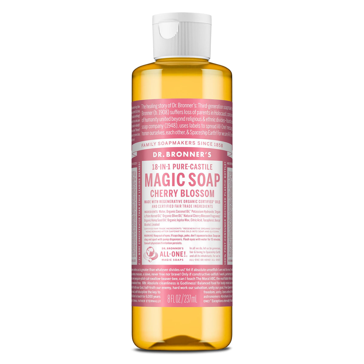 Dr. Bronner's front label showing cherry blossom scent and key benefits