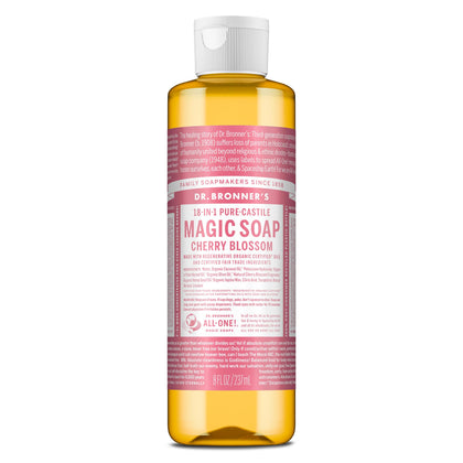 Dr. Bronner's front label showing cherry blossom scent and key benefits