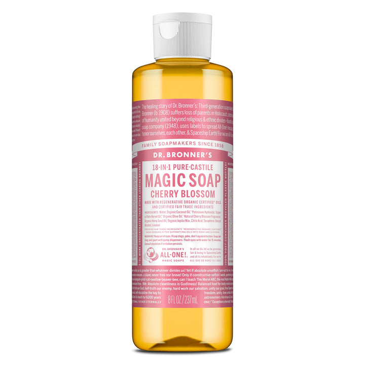 Dr. Bronner's front label showing cherry blossom scent and key benefits