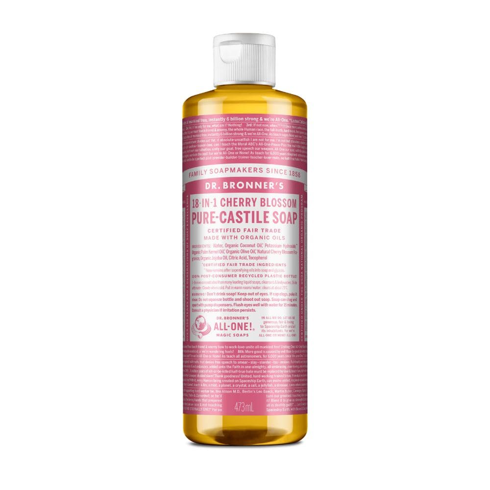 Dr. Bronner's cherry blossom bottle front view showing label and recyclable packaging benefit