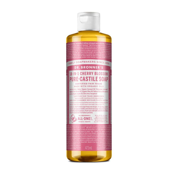 Dr. Bronner's cherry blossom bottle front view showing label and recyclable packaging benefit