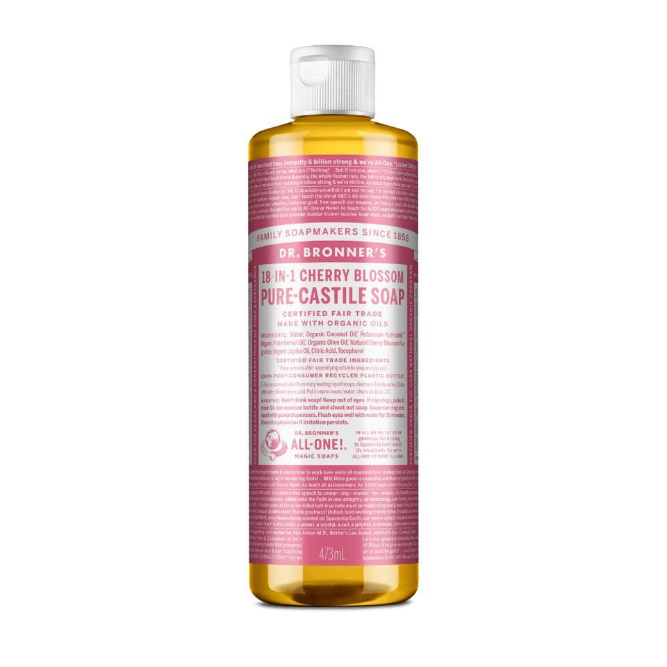 Dr. Bronner's cherry blossom bottle front view showing label and recyclable packaging benefit