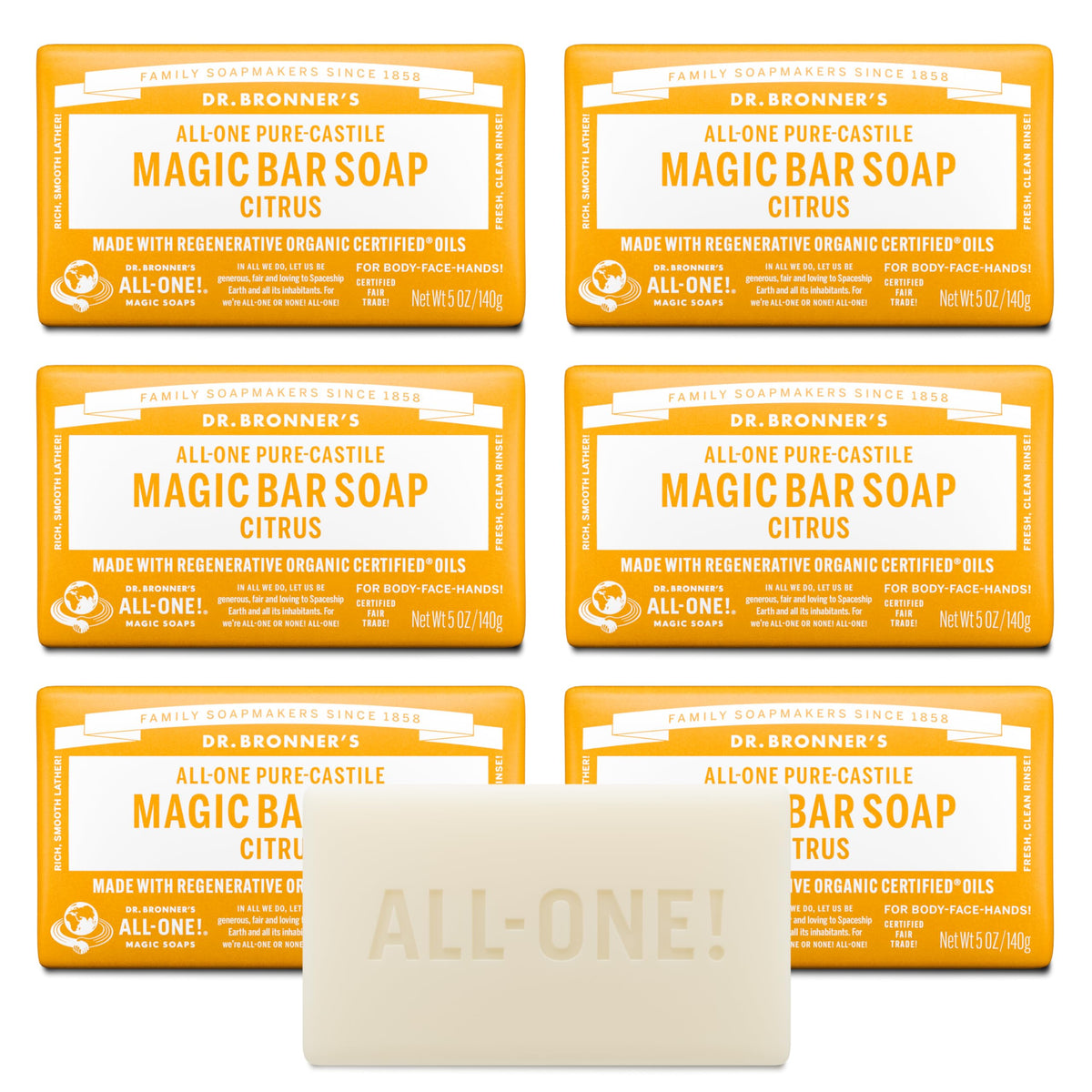 Dr. Bronner's citrus bar front packaging showing clear branding and benefits
