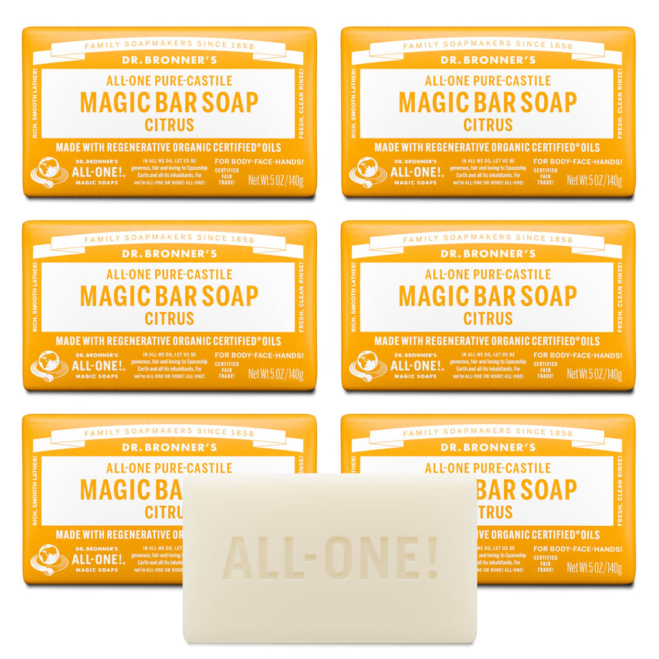Dr. Bronner's citrus bar front packaging showing clear branding and benefits