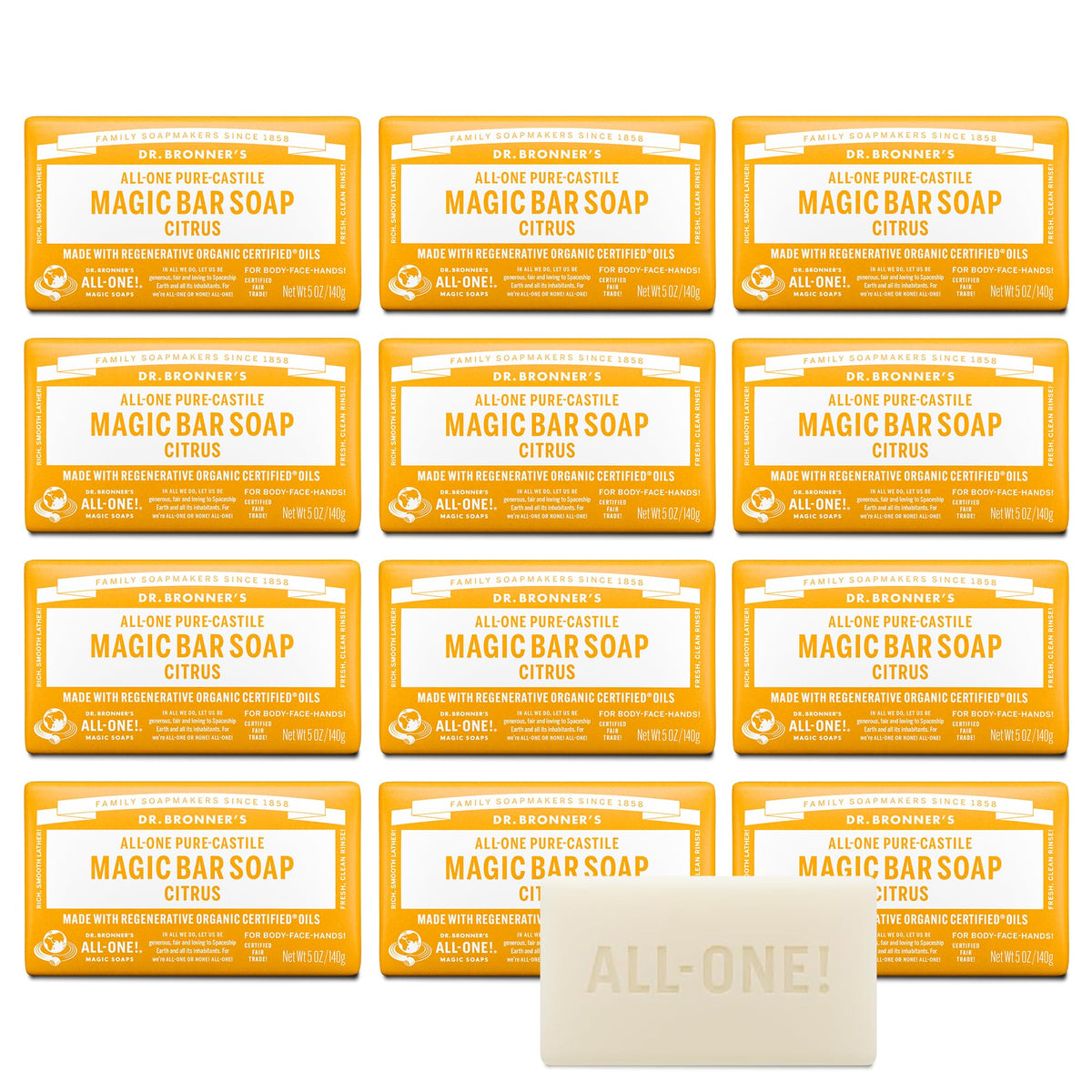 Dr. Bronner's citrus bar front packaging shows product and benefits