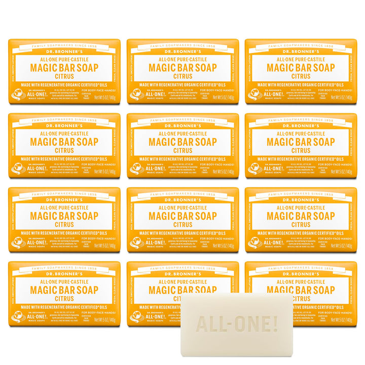 Dr. Bronner's citrus bar front packaging shows product and benefits