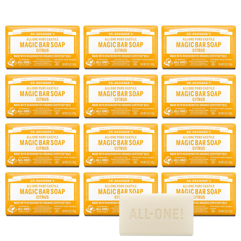 Dr. Bronner's citrus bar front packaging shows product and benefits