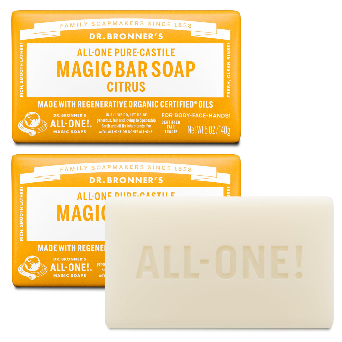Dr. Bronner's citrus bar front packaging showing product and benefits